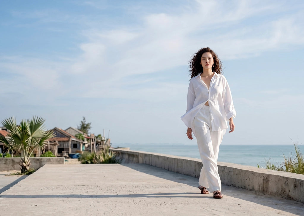 Áo sơ mi dáng rộng oversize linen trắng thời trang Hity