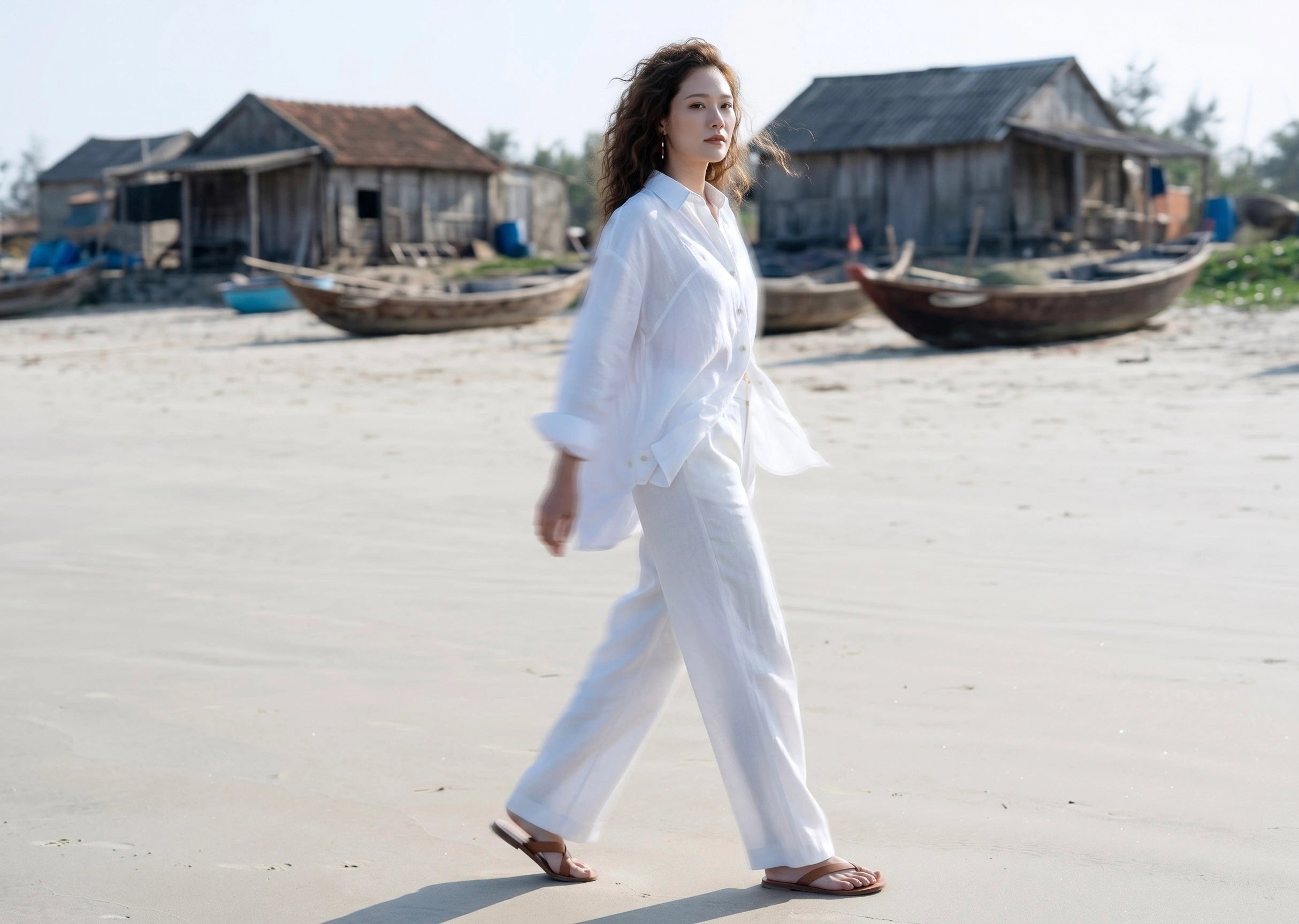 Áo sơ mi dáng rộng oversize linen trắng thời trang Hity