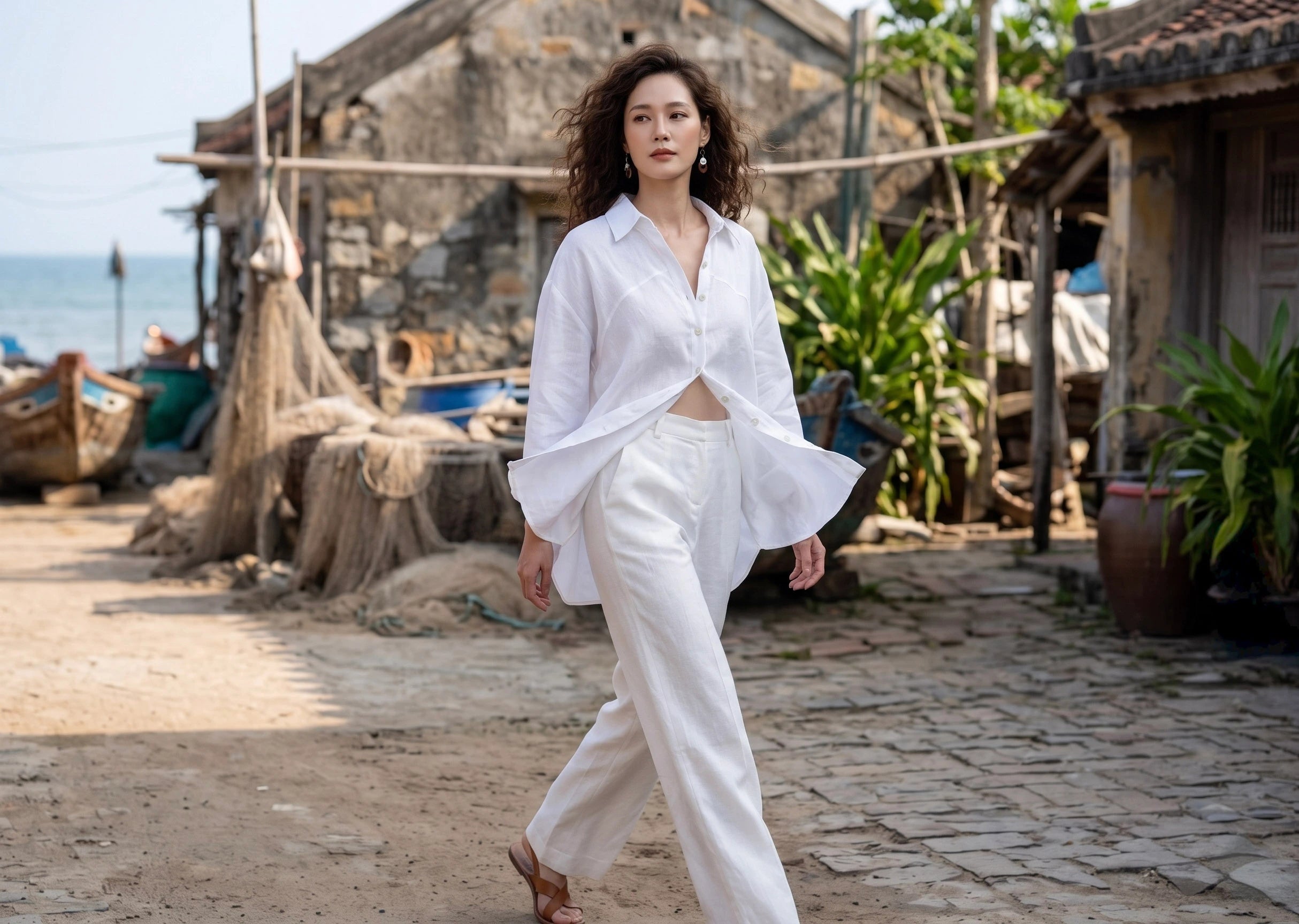 Áo sơ mi dáng rộng oversize linen trắng thời trang Hity