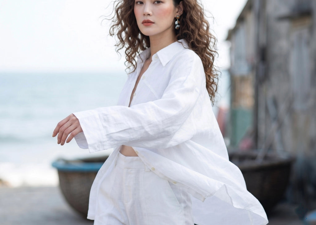 Áo sơ mi dáng rộng oversize linen trắng thời trang Hity