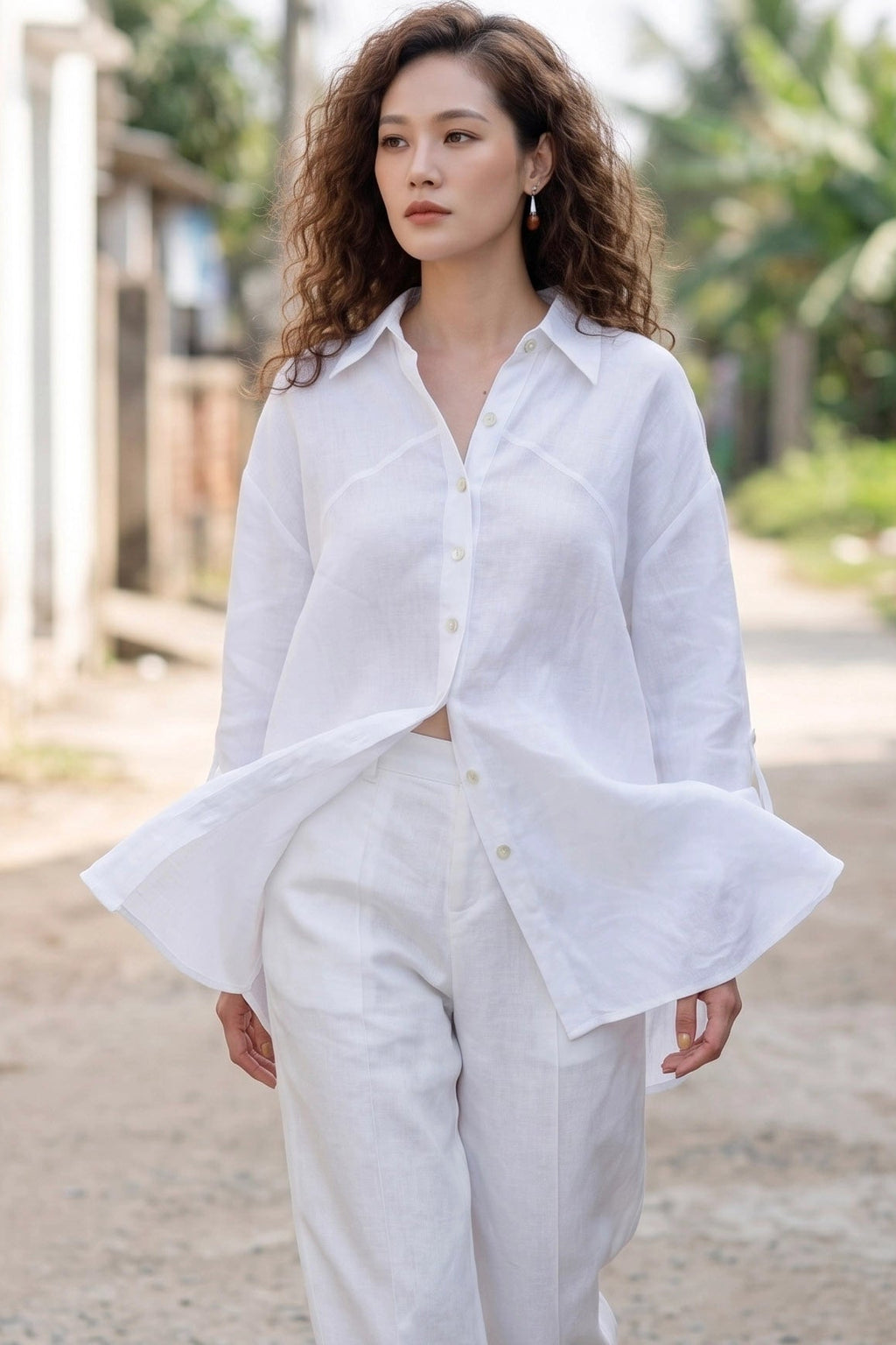 Áo sơ mi dáng rộng oversize linen trắng thời trang Hity