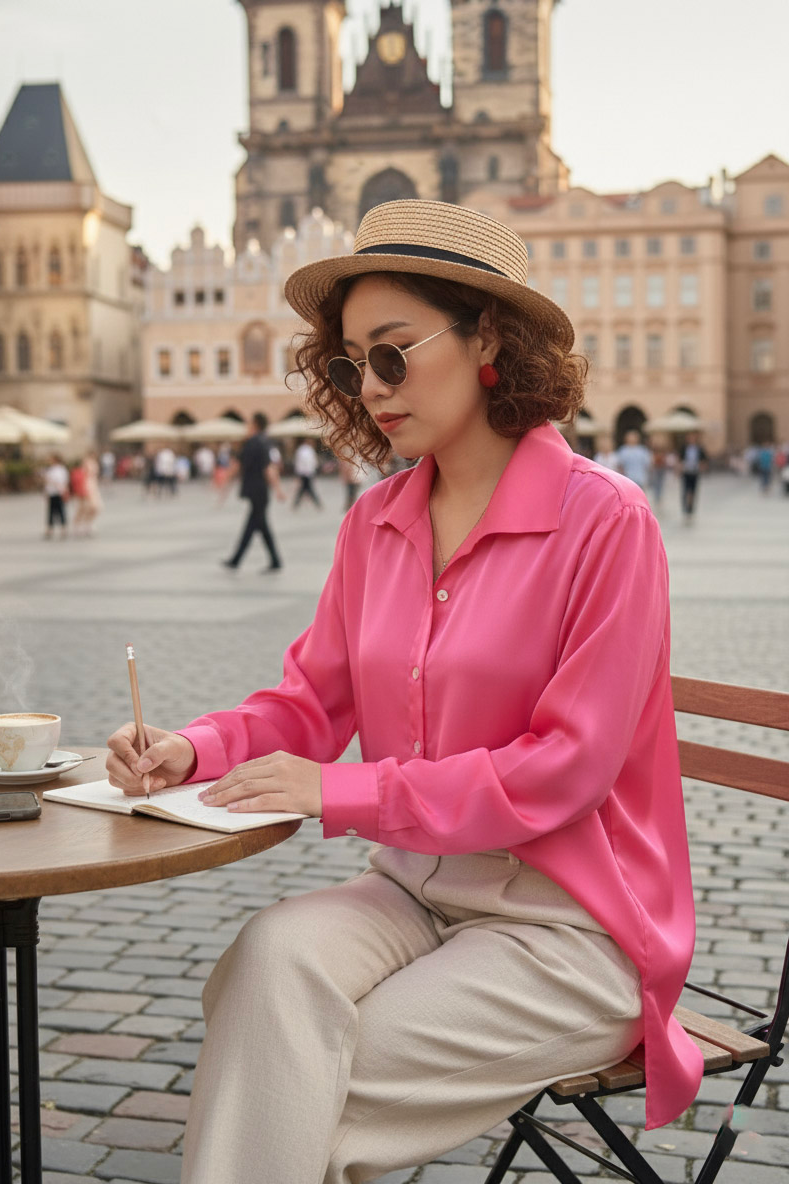 Áo sơ mi dáng rộng oversize hồng sen thời trang Hity