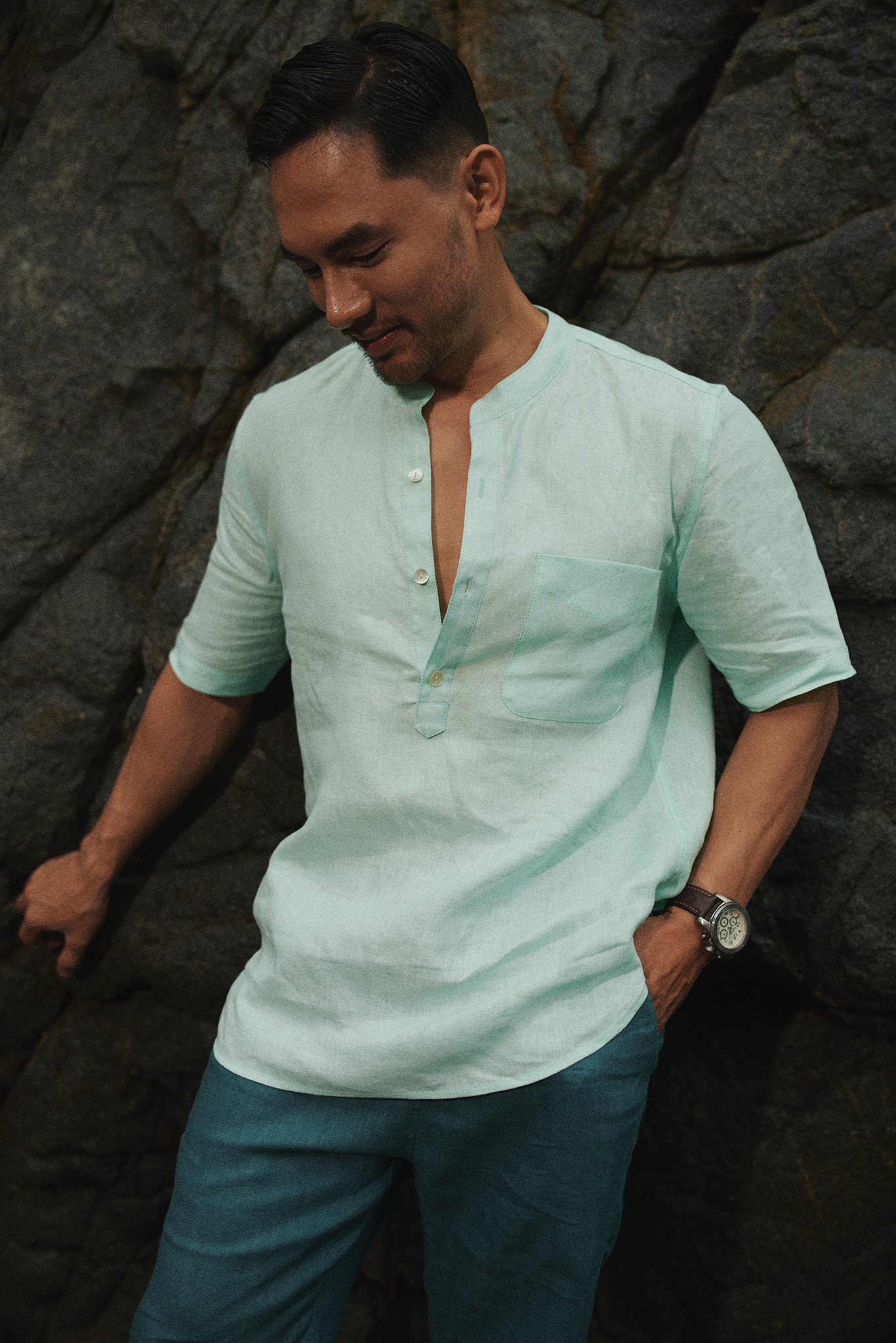Áo sơ mi cổ trụ nam linen xanh bạc hà thời trang Hity