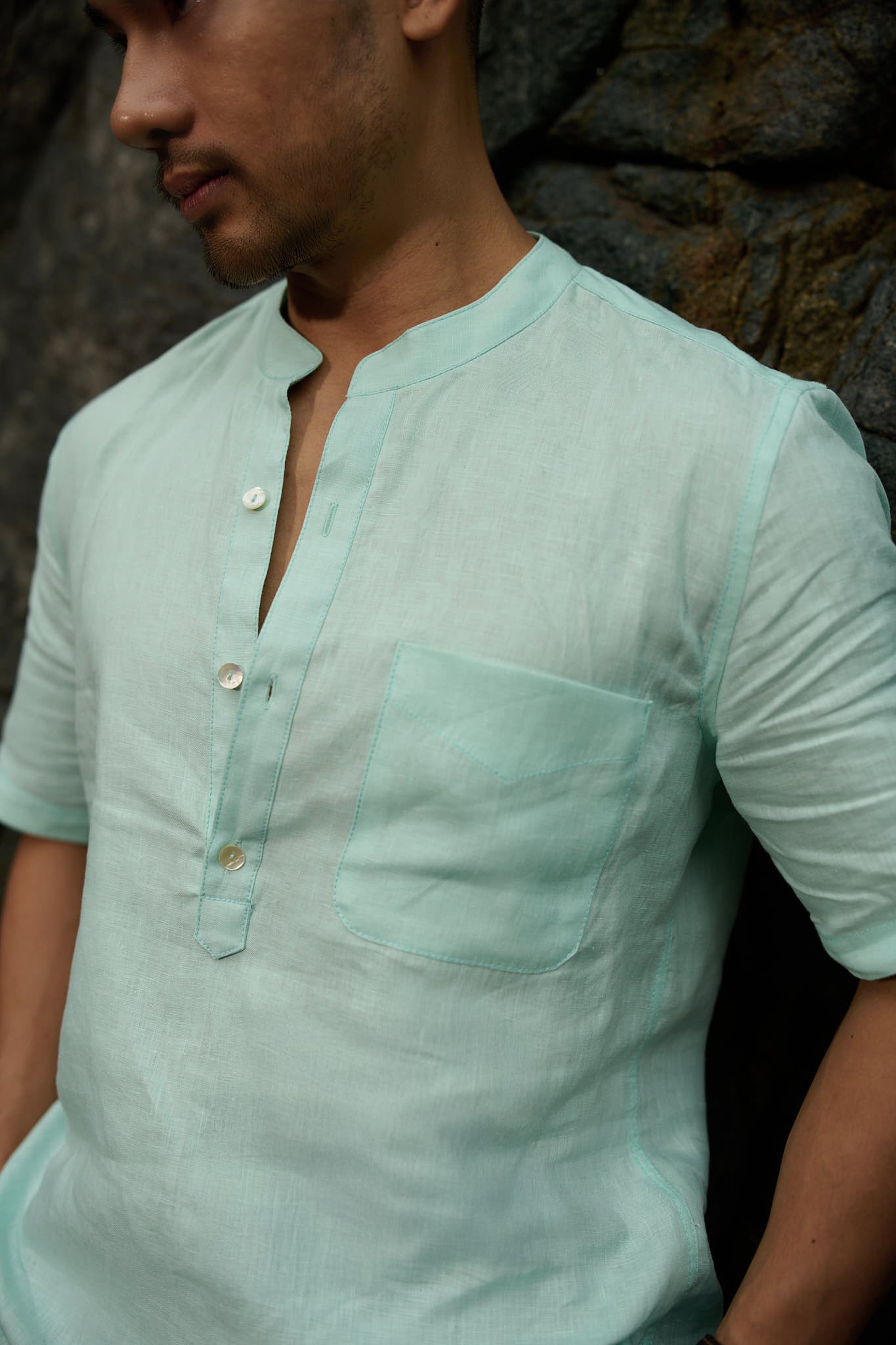 Áo sơ mi cổ trụ nam linen xanh bạc hà thời trang Hity