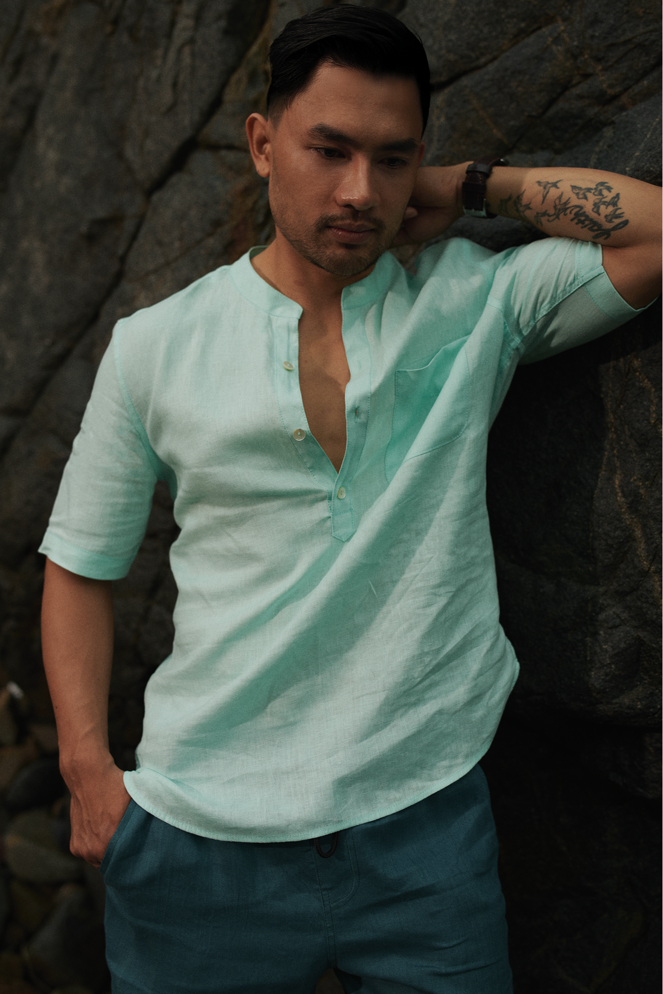 Áo sơ mi cổ trụ nam linen xanh bạc hà thời trang Hity