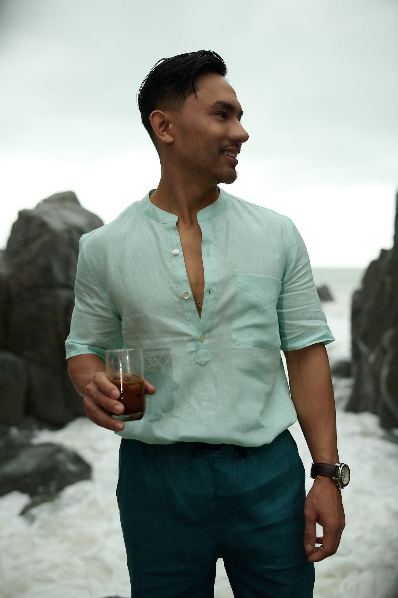 Áo sơ mi cổ trụ nam linen xanh bạc hà thời trang Hity