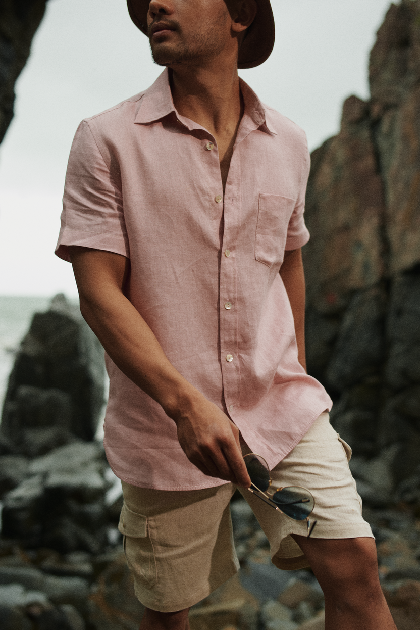 Áo sơ mi nam tay ngắn linen hồng phấn thời trang Hity