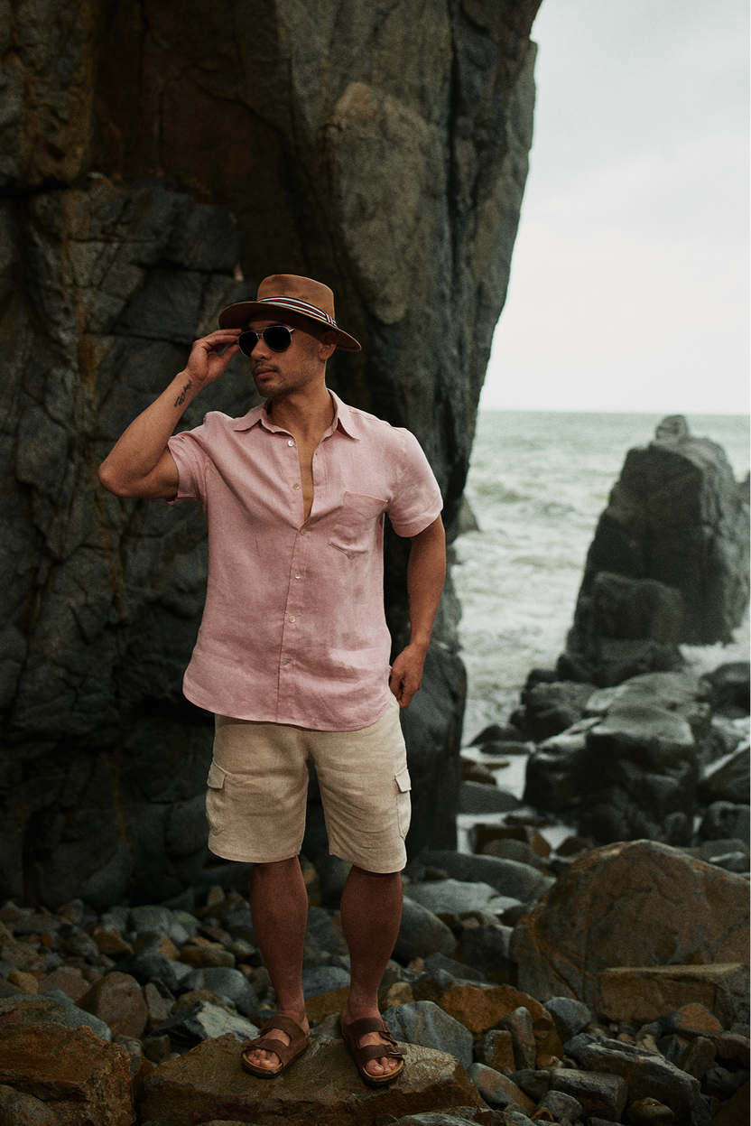 Áo sơ mi nam tay ngắn linen hồng phấn thời trang Hity