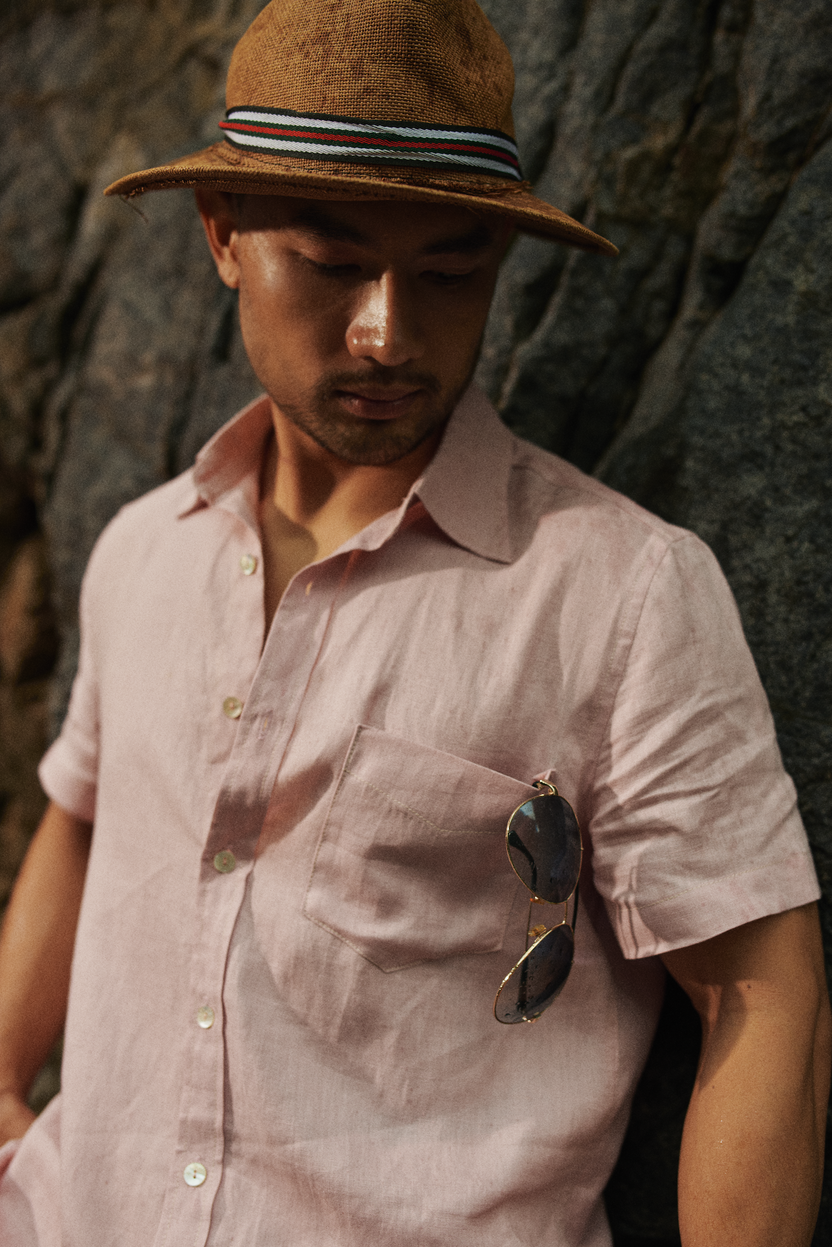 Áo sơ mi nam tay ngắn linen hồng phấn thời trang Hity