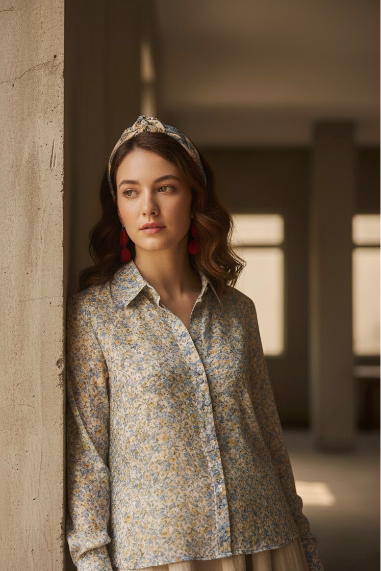 Áo sơ mi tay dài chiffon voan hoa nhí cổ điển vintage thời trang Hity