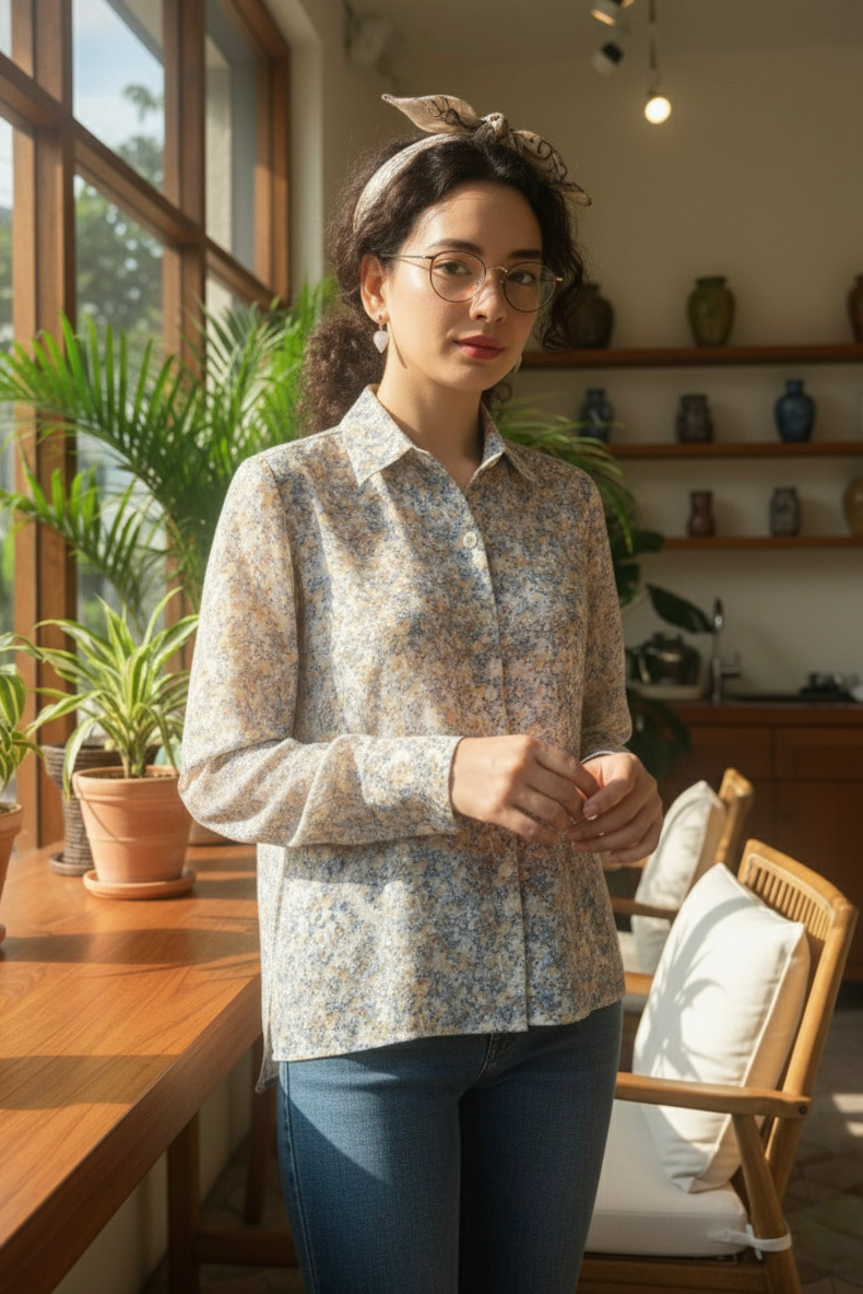 Áo sơ mi tay dài chiffon voan hoa nhí cổ điển vintage thời trang Hity