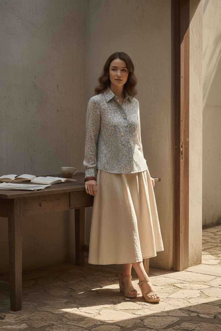 Áo sơ mi tay dài chiffon voan hoa nhí cổ điển vintage thời trang Hity