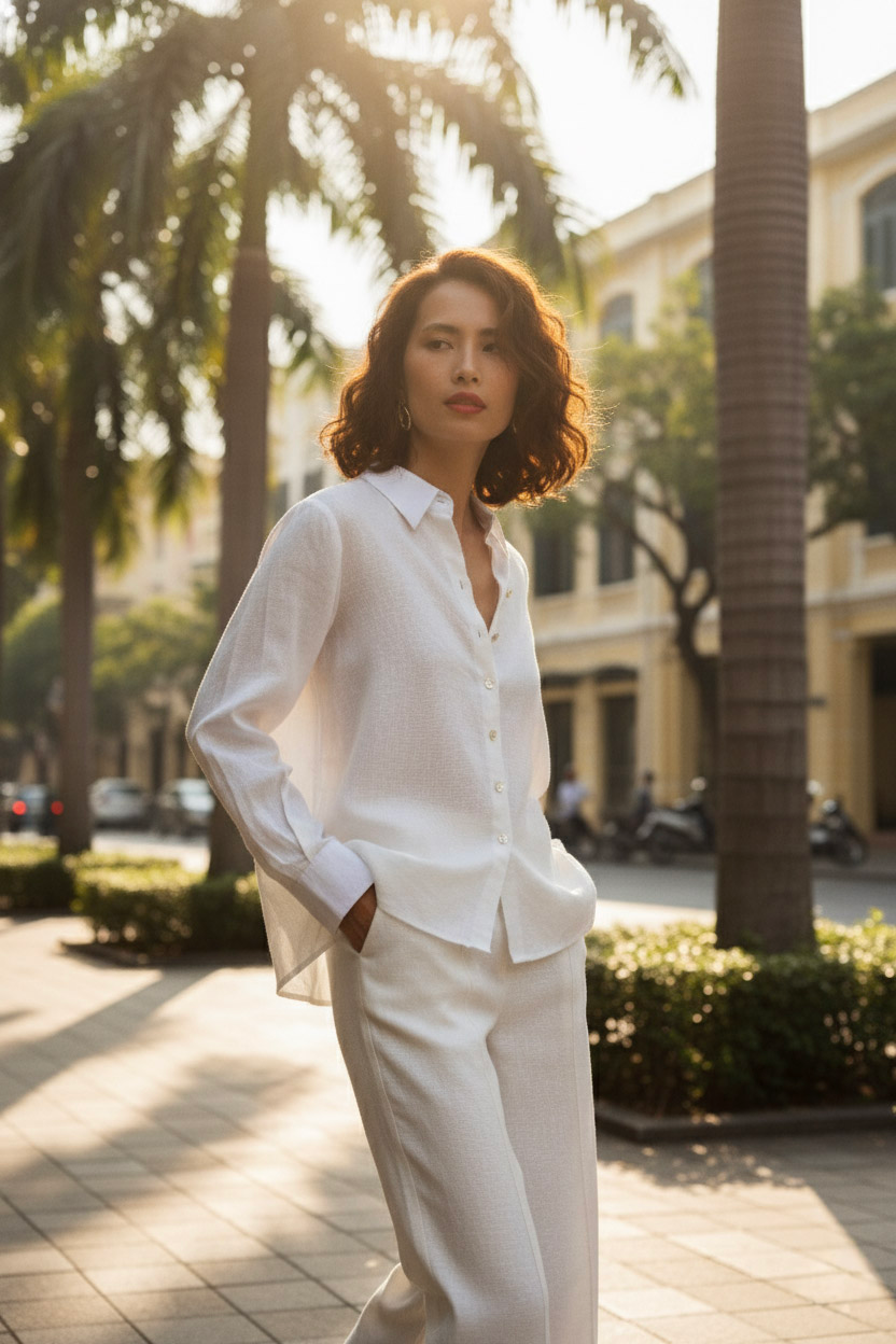 Áo sơ mi nữ tay dài linen trắng thời trang Hity