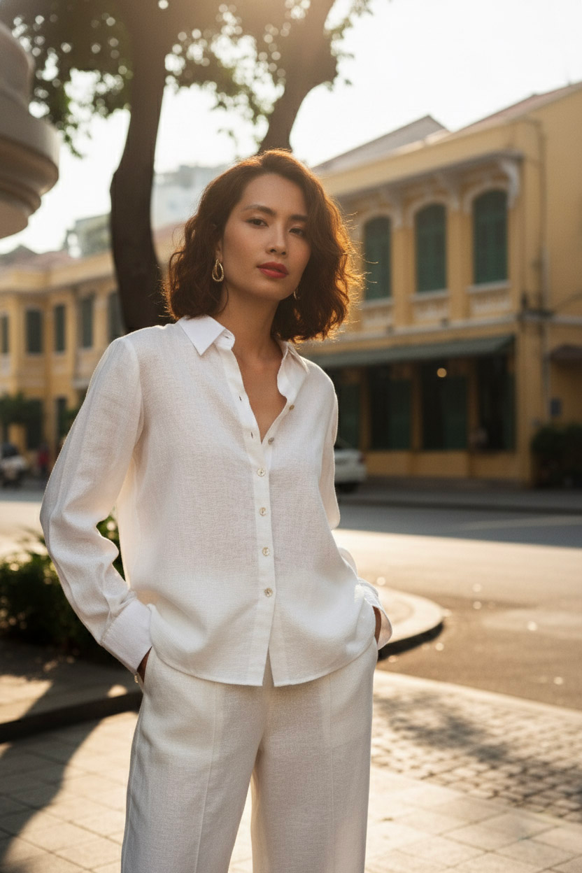 Áo sơ mi nữ tay dài linen trắng thời trang Hity