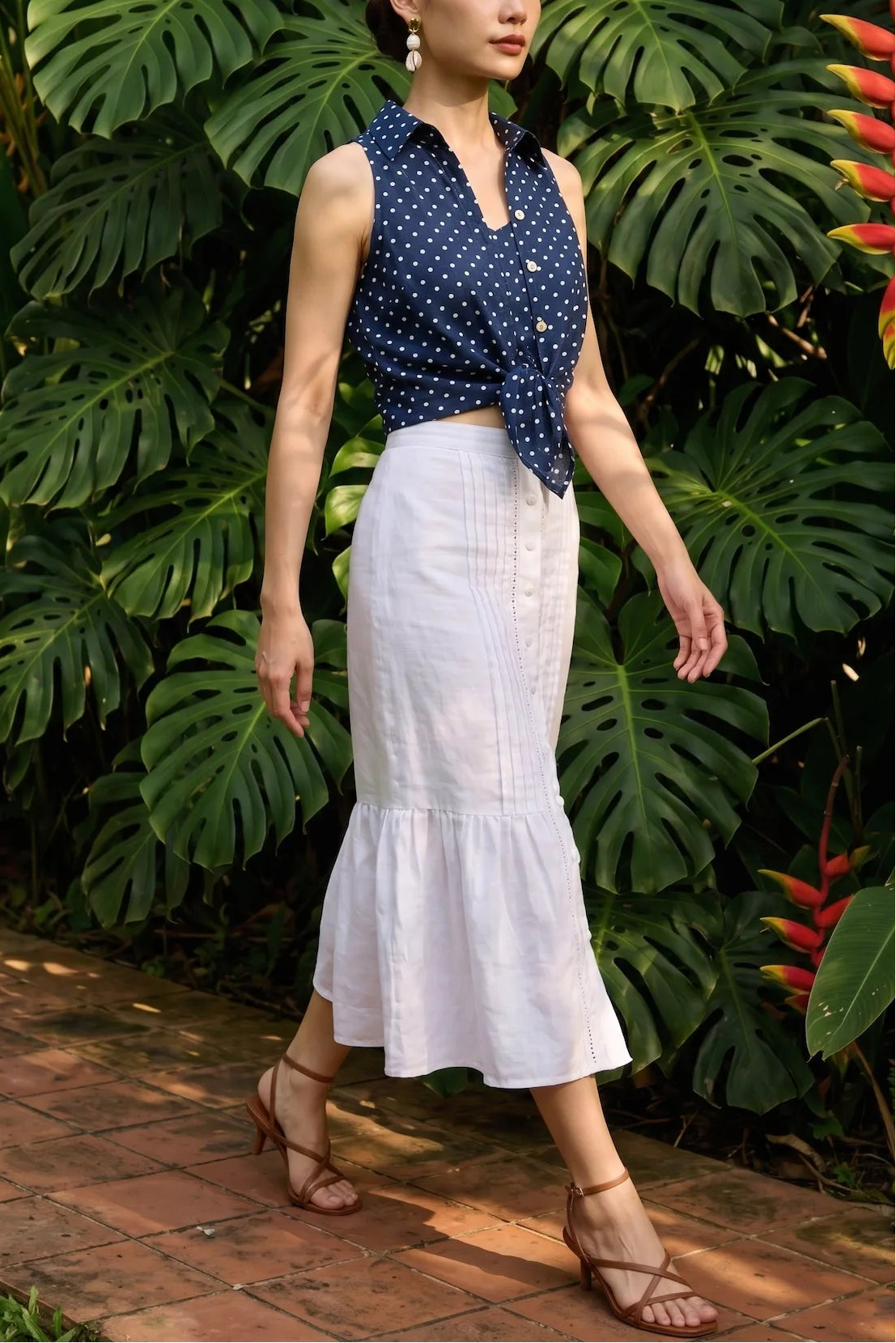 Áo sơ mi sát nách hở vai linen chấm bi thời trang Hity