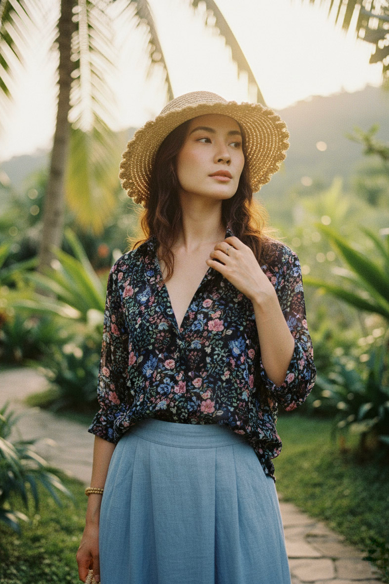 Áo sơ mi tay dài chiffon hoa thời trang Hity