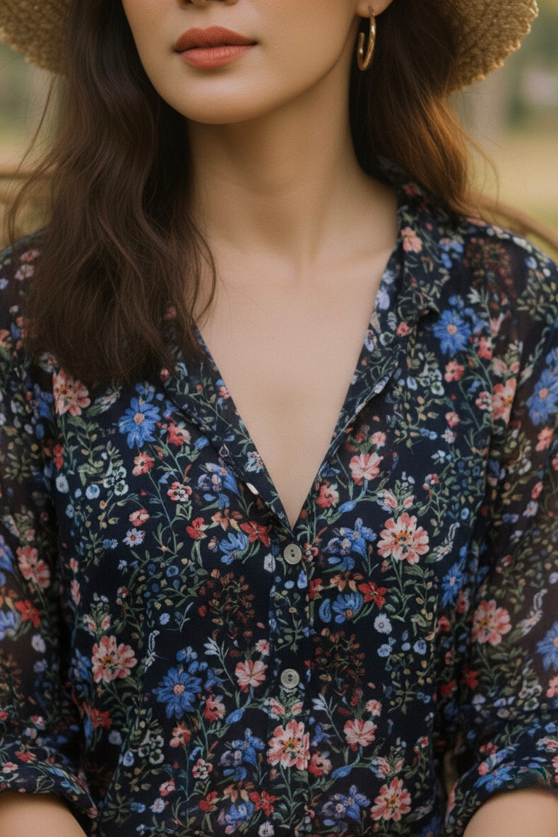 Áo sơ mi tay dài chiffon hoa thời trang Hity