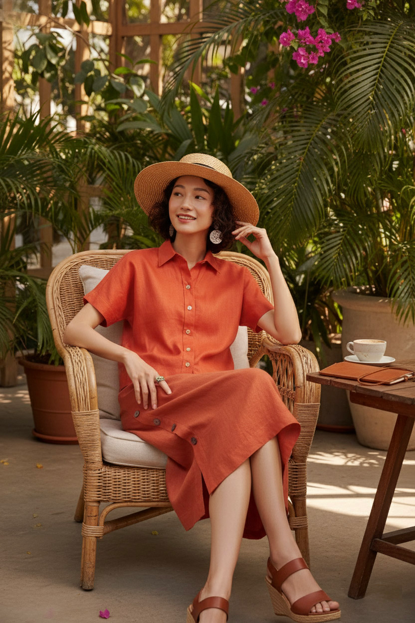 Áo sơ mi tay ngắn linen cam thời trang Hity