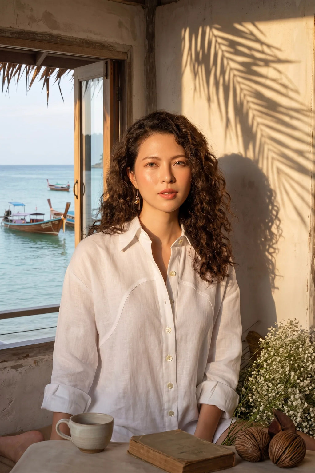 Áo sơ mi dáng rộng oversize linen trắng thời trang Hity