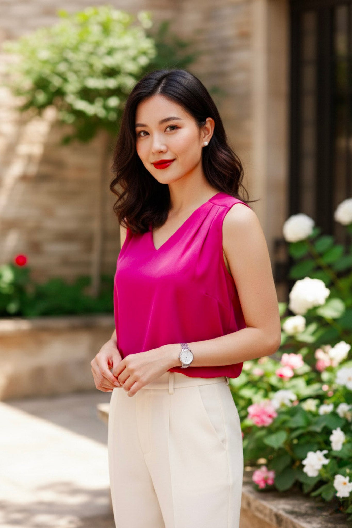 Áo lụa tơ tằm cổ V sát nách thời trang Hity