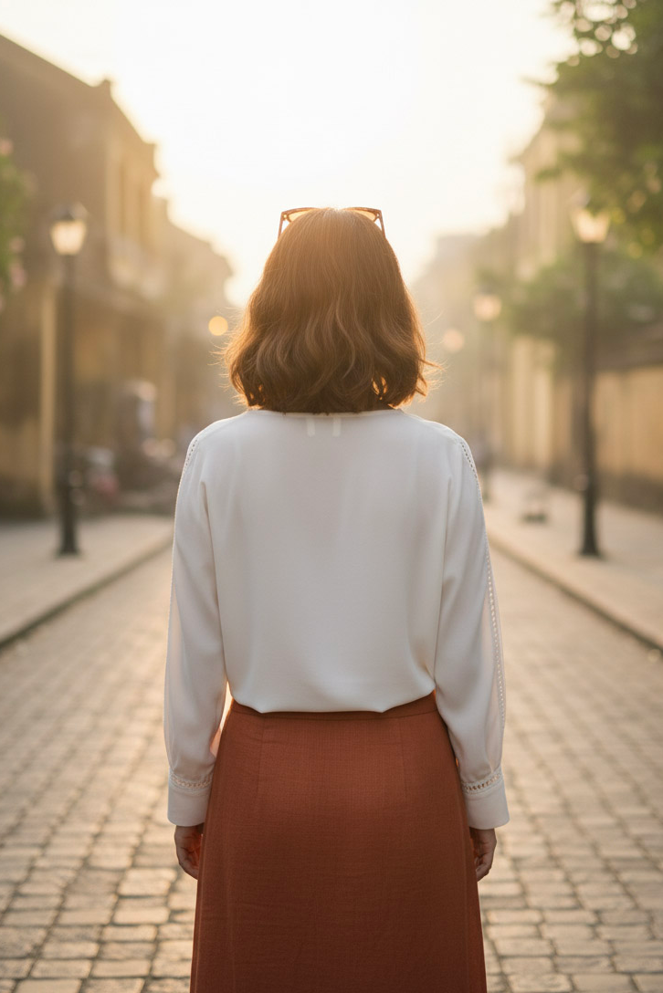 Áo suông cổ tim tay dài phối ren crepe trắng thời trang Hity