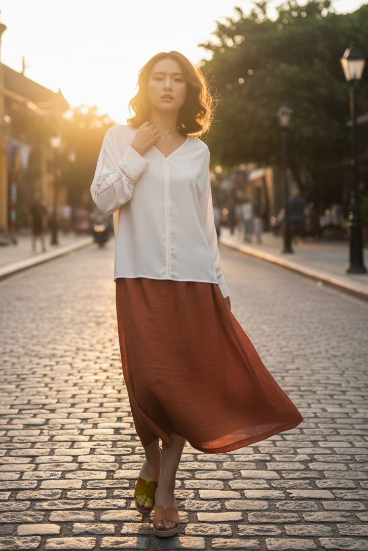 Áo suông cổ tim tay dài phối ren crepe trắng thời trang Hity