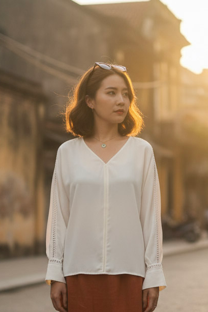 Áo suông cổ tim tay dài phối ren crepe trắng thời trang Hity