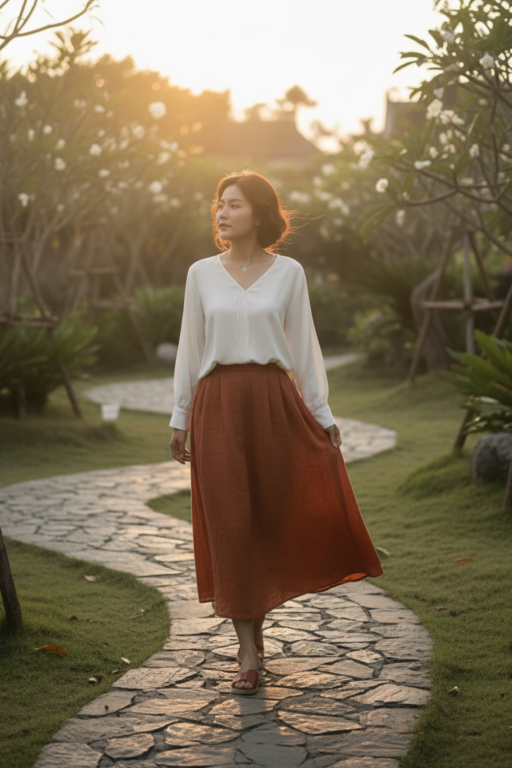 Áo suông cổ tim tay dài phối ren crepe trắng thời trang Hity