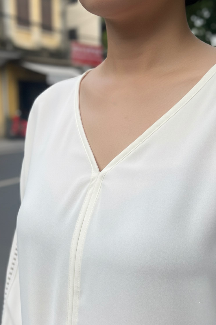 Áo suông cổ tim tay dài phối ren crepe trắng thời trang Hity