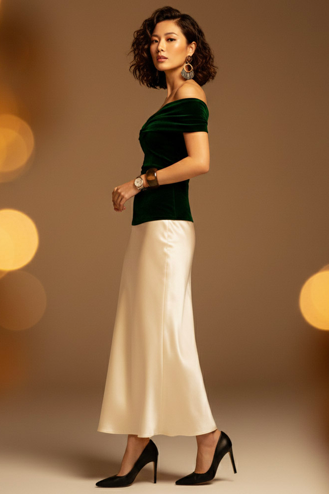 Áo trễ vai hở lưng nhung xanh thời trang Hity