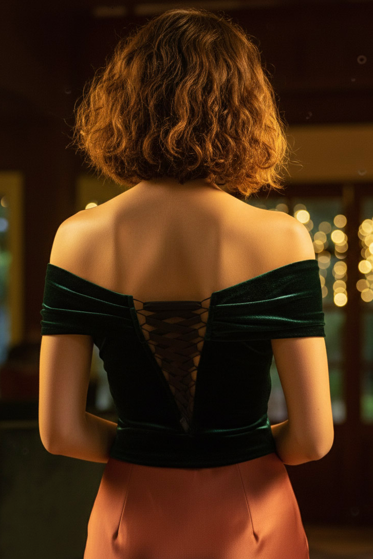 Áo trễ vai hở lưng nhung xanh thời trang Hity