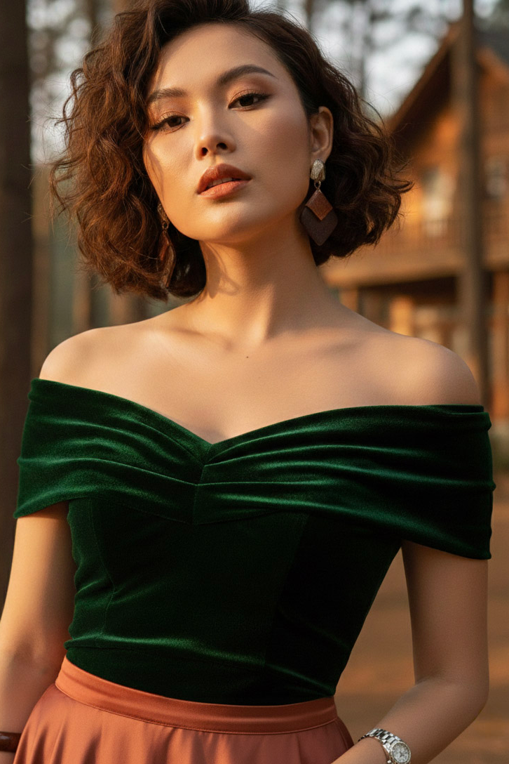 Áo trễ vai hở lưng nhung xanh thời trang Hity