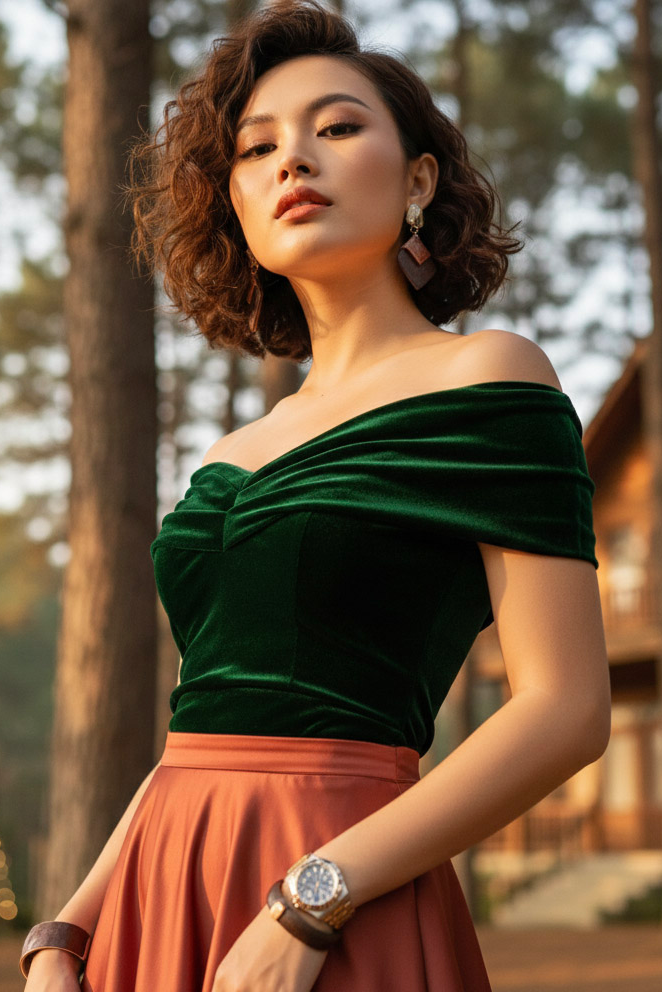 Áo trễ vai hở lưng nhung xanh thời trang Hity