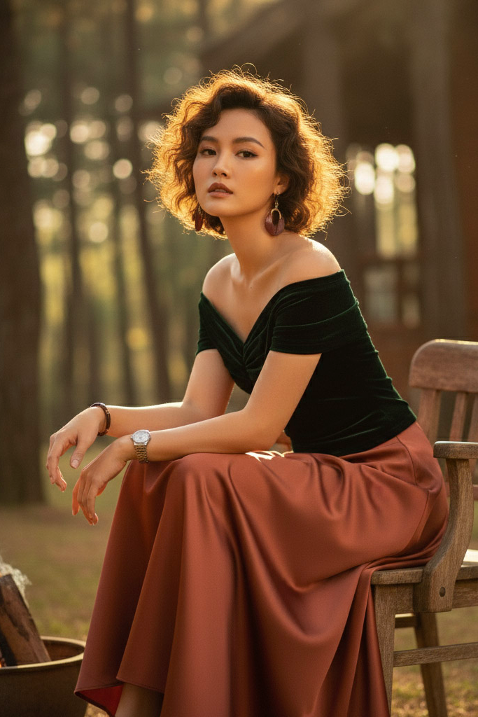 Áo trễ vai hở lưng nhung xanh thời trang Hity