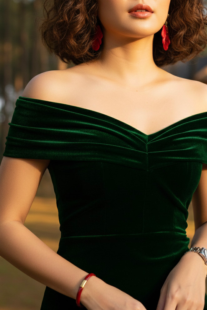 Áo trễ vai hở lưng nhung xanh thời trang Hity