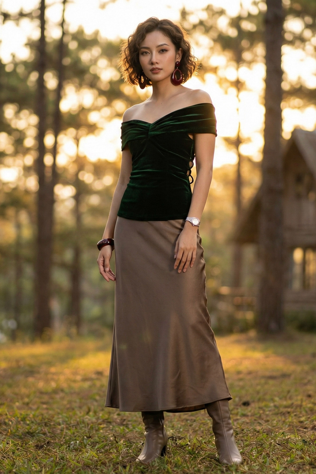 Áo trễ vai hở lưng nhung xanh thời trang Hity