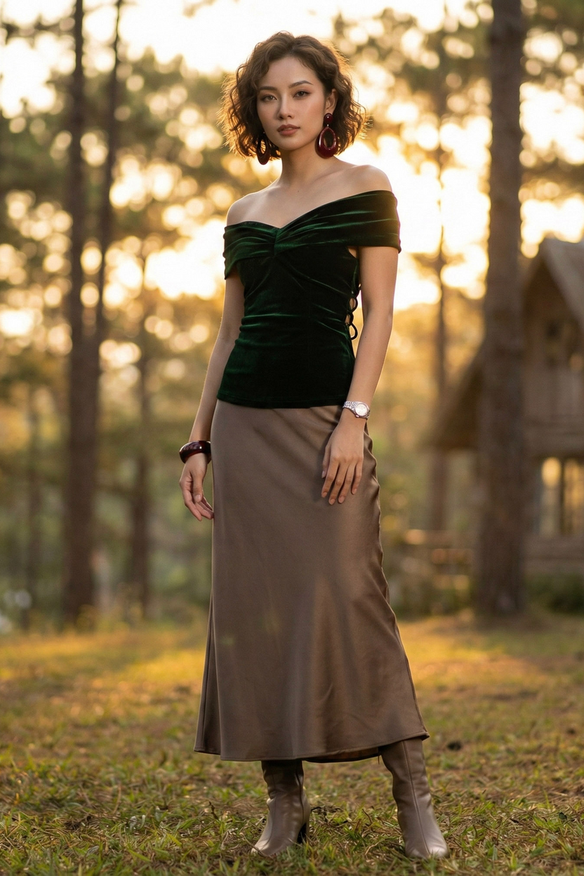 Áo trễ vai hở lưng nhung xanh thời trang Hity