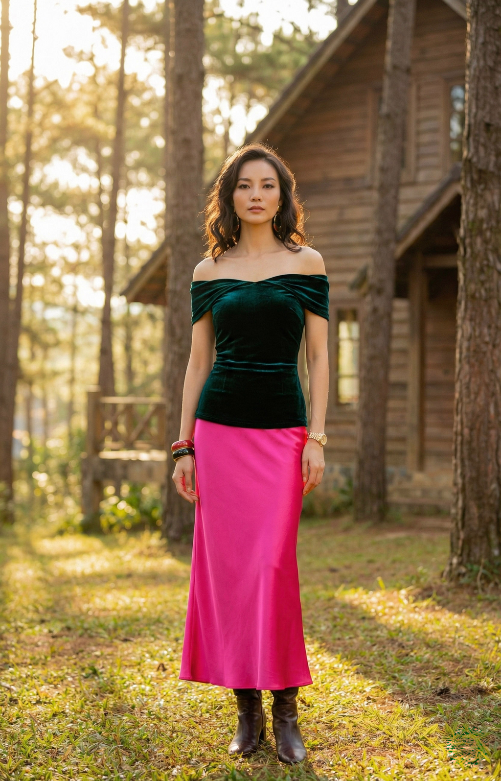 Áo trễ vai hở lưng nhung xanh thời trang Hity