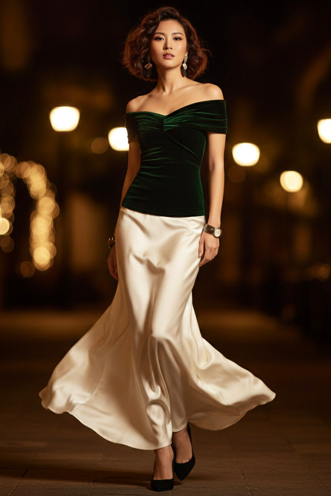 Áo trễ vai hở lưng nhung xanh thời trang Hity