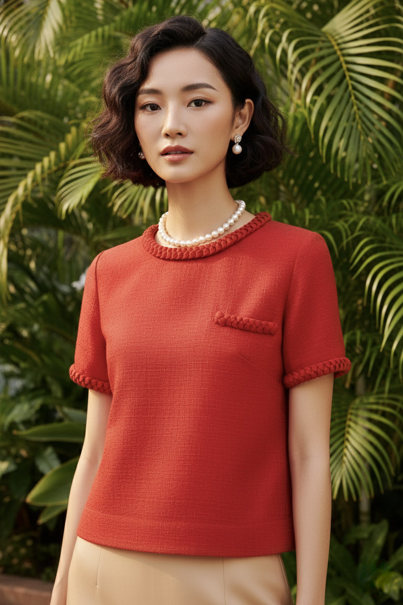 Áo tweed đỏ dáng ngắn tếch sam thủ công thời trang Hity