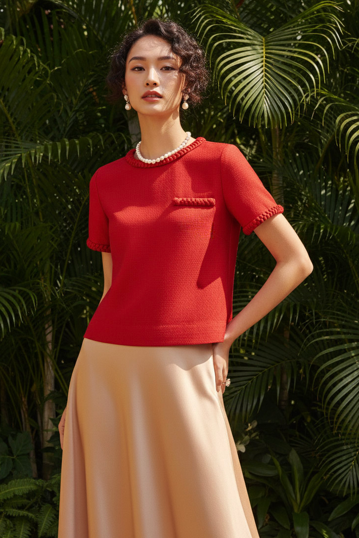 Áo tweed đỏ dáng ngắn tếch sam thủ công thời trang Hity