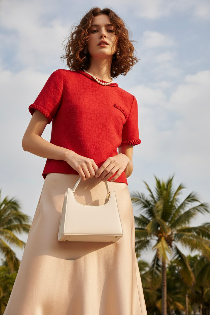 Áo tweed đỏ dáng ngắn tếch sam thủ công thời trang Hity