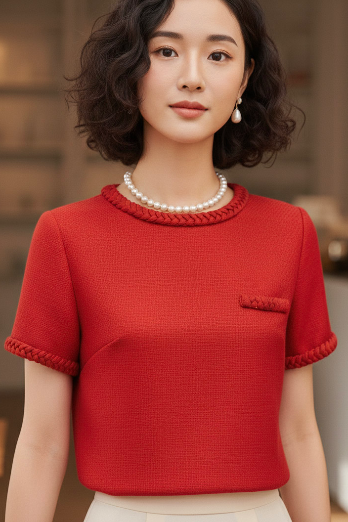 Áo tweed đỏ dáng ngắn tếch sam thủ công thời trang Hity