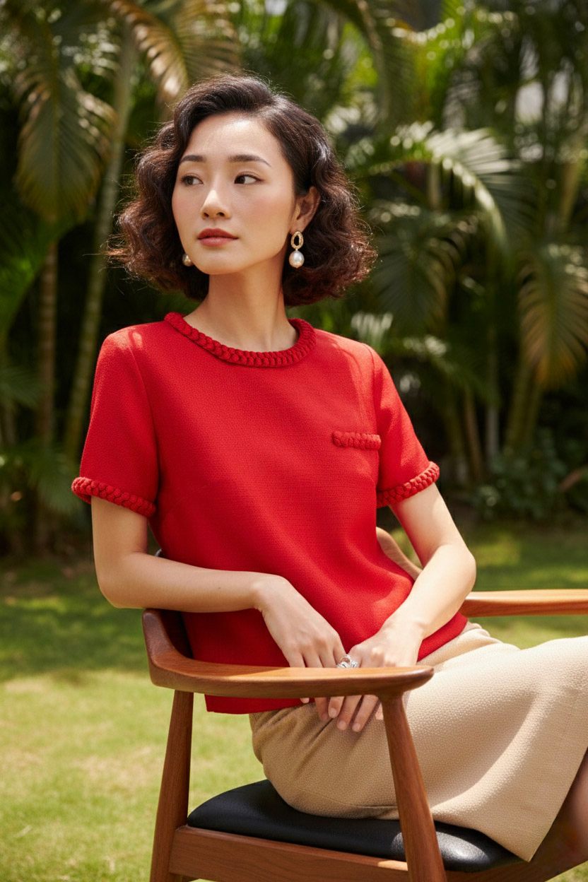 Áo tweed đỏ dáng ngắn tếch sam thủ công thời trang Hity