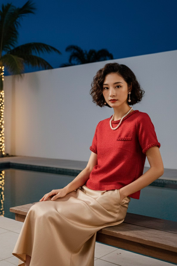 Áo tweed đỏ dáng ngắn tếch sam thủ công thời trang Hity