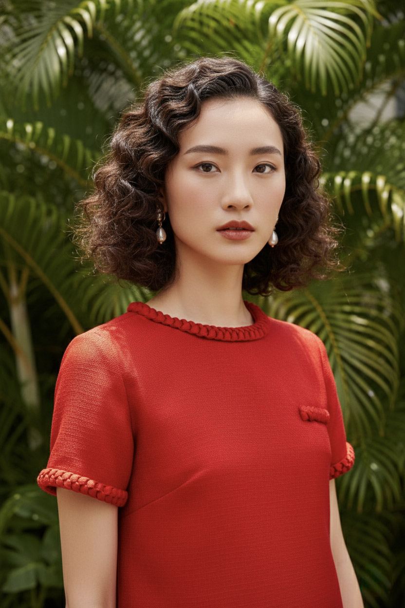 Áo tweed đỏ dáng ngắn tếch sam thủ công thời trang Hity