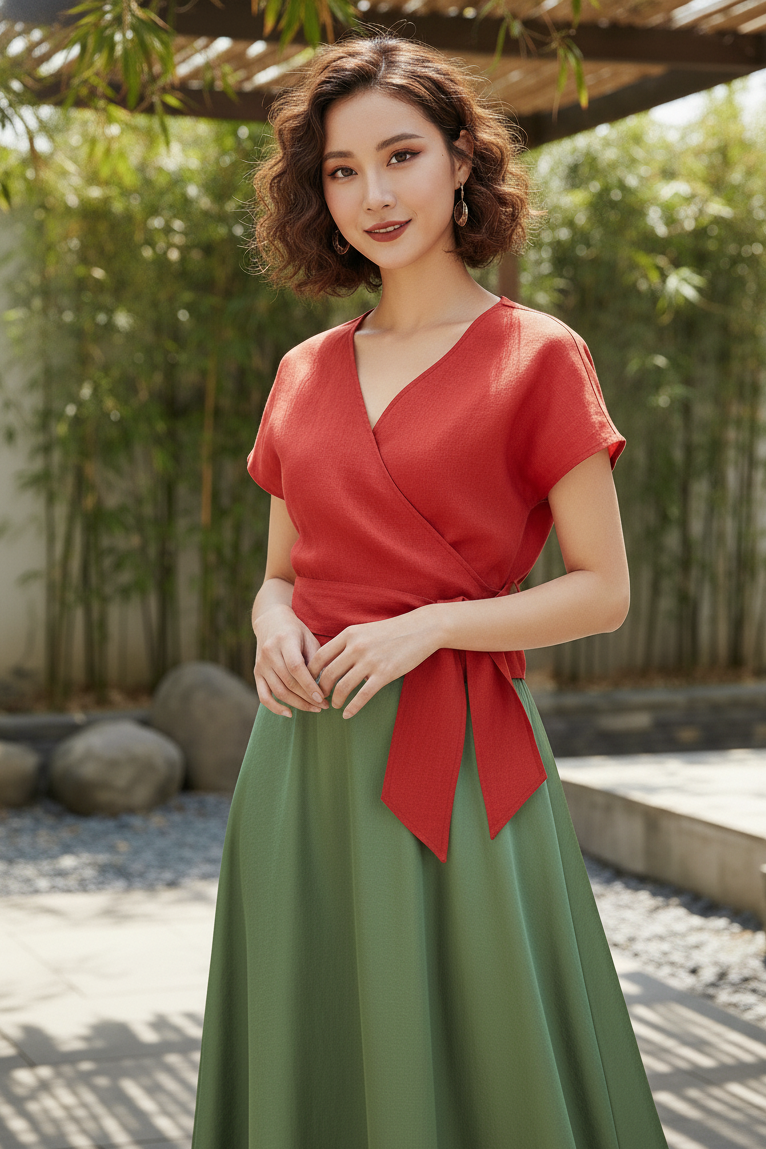 Áo vạt chéo thắt eo linen đỏ thời trang Hity