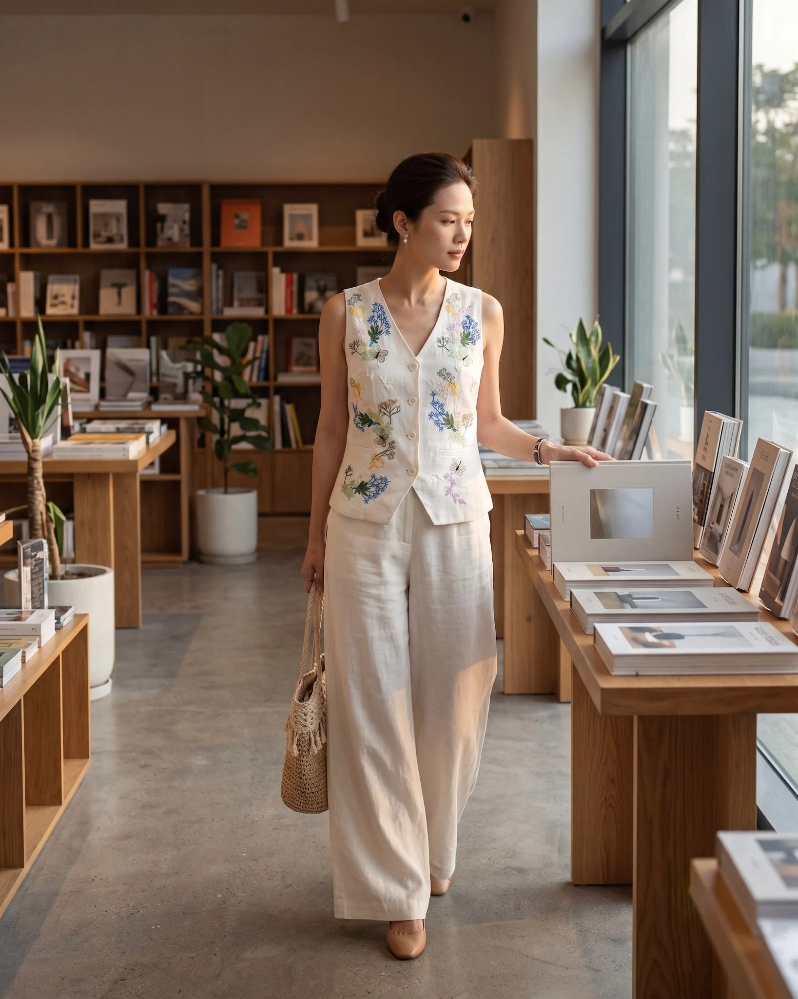 Áo Vest Gile Linen Thêu Tay Mơ