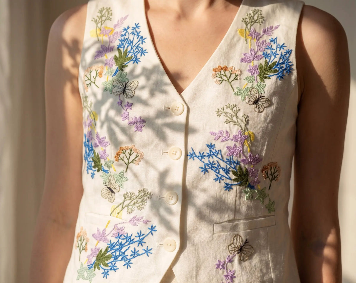 Áo Vest Gile Linen Thêu Tay Mơ