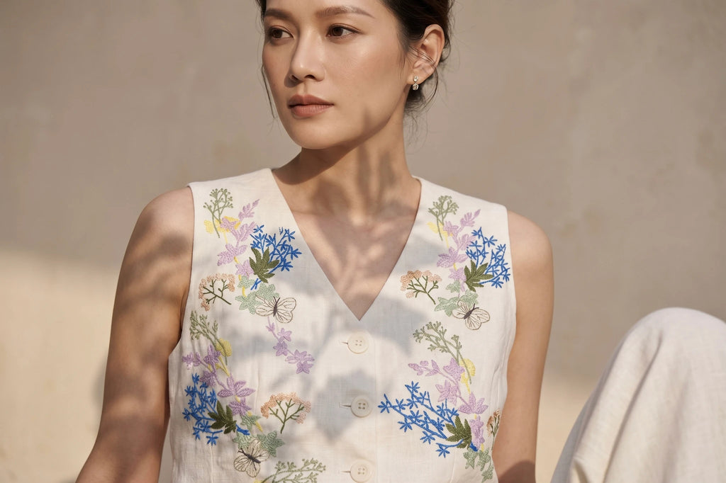 Áo Vest Gile Linen Thêu Tay Mơ